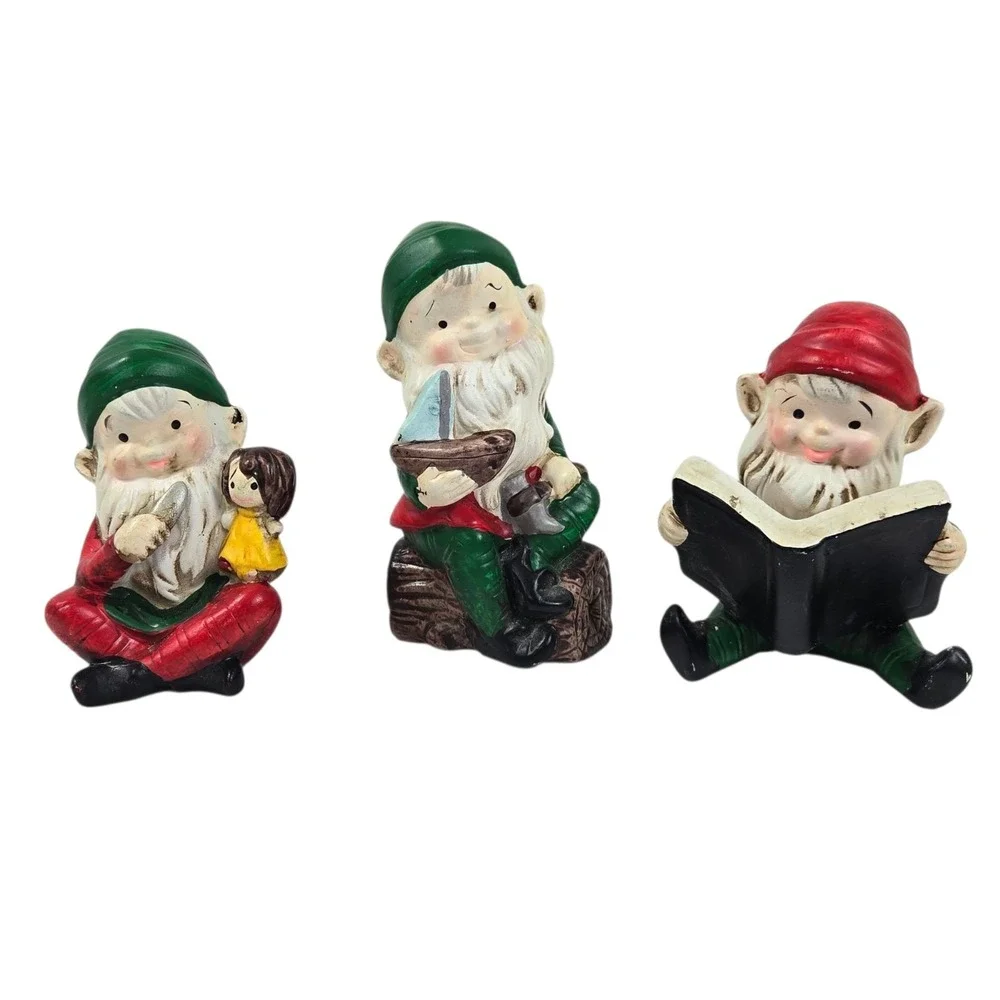 Vtg 80s HOMCO Set Of 3 Christmas Elves Figurine Santa's Helpers Toy Makers #5205